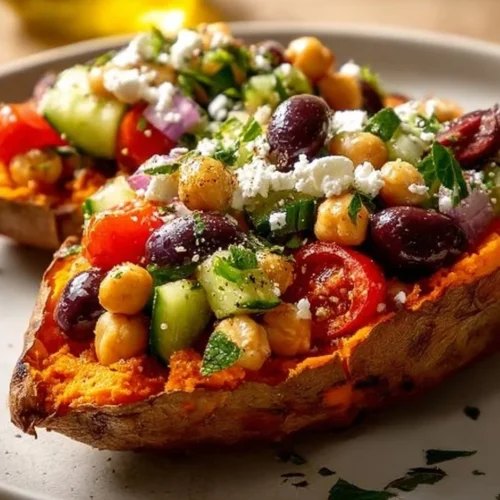 Mediterranean stuffed sweet potatoes filled with fresh ingredients