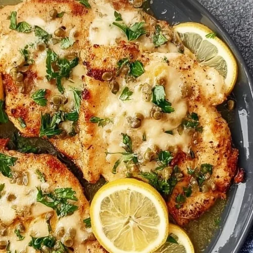 Mediterranean style Chicken Piccata with lemon and capers served on a plate