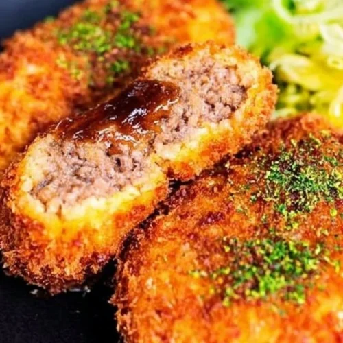 Menchi Katsu - Japanese ground meat cutlet served with dipping sauce
