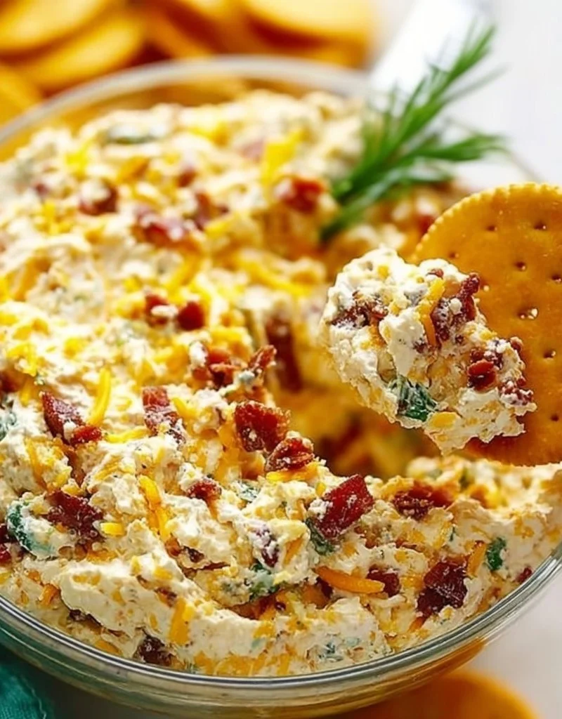 Delicious Million Dollar Dip served in a bowl with crackers and vegetables.