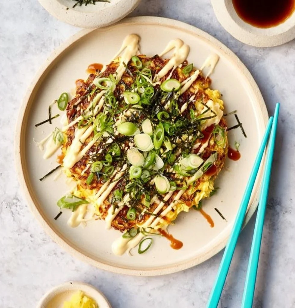 Vegan Okonomiyaki topped with fresh vegetables and sauces