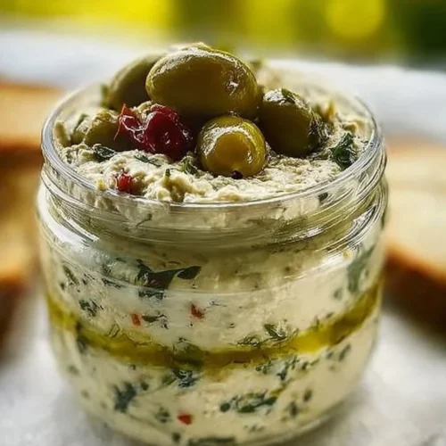 Creamy Olive Dip with Cream Cheese served in a bowl with breadsticks.