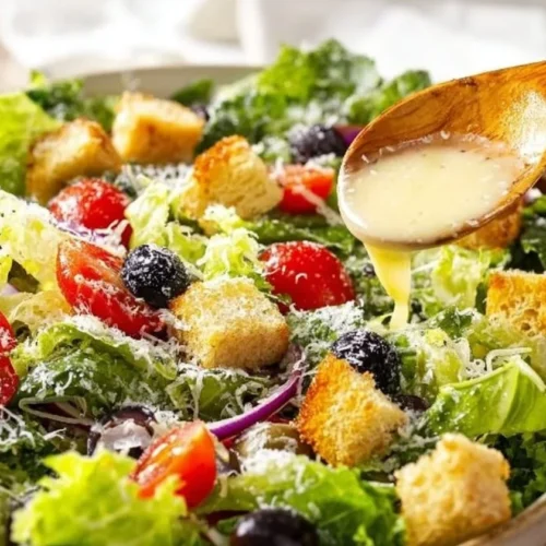 A bowl of vibrant Olive Garden Salad with fresh vegetables and dressing