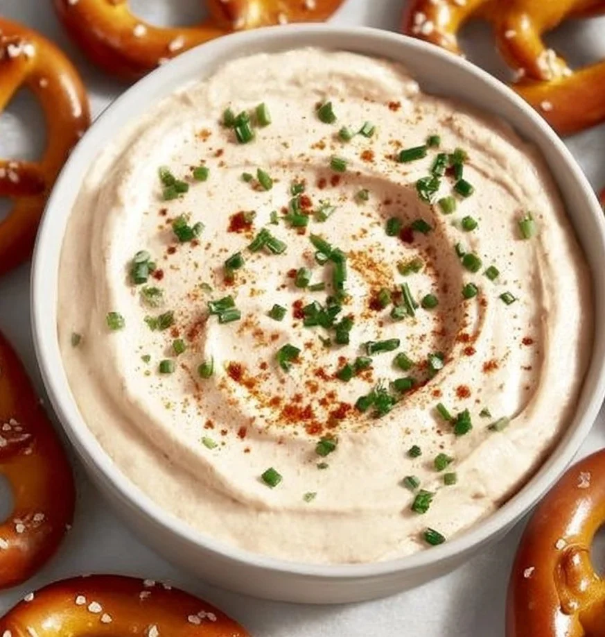 Creamy and cheesy pretzel dip served in a bowl with pretzels on the side