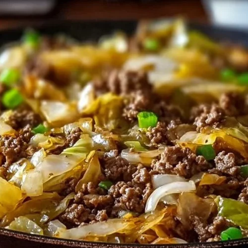 One-pan ground beef and chopped cabbage skillet dish served in a frying pan.