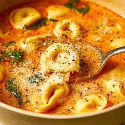 Bowl of Parmesan Tomato Tortellini Soup topped with fresh herbs