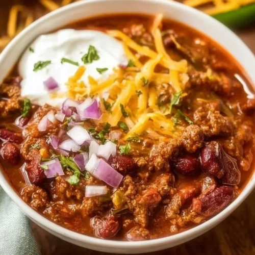 Delicious slow cooker chili served in a bowl with toppings