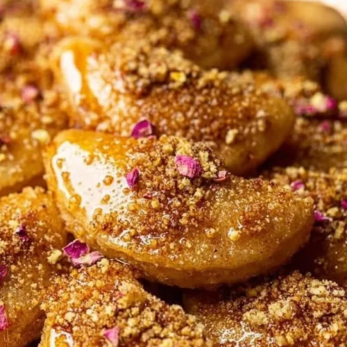 Delicious Qatayef - sweet stuffed pancakes served with syrup and nuts