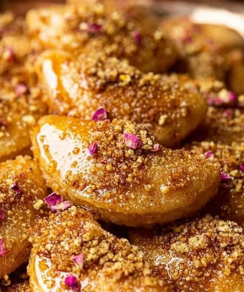 Delicious Qatayef - sweet stuffed pancakes served with syrup and nuts