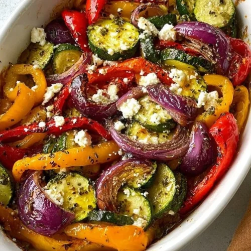 Delicious one-pan Greek vegetables recipe featuring fresh ingredients.