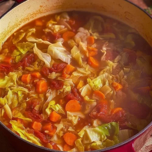 Bowl of quick cabbage soup garnished with herbs and vegetables