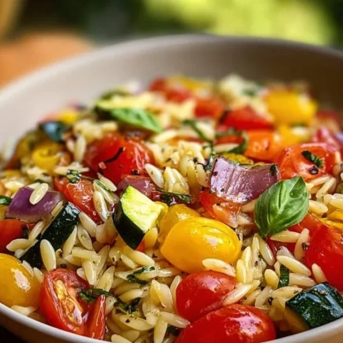 Bowl of roasted vegetable orzo topped with fresh herbs