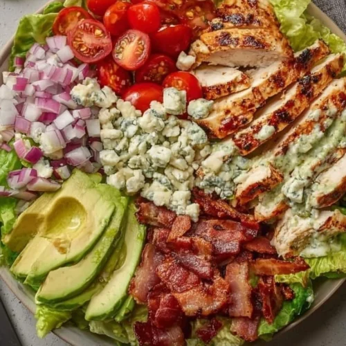 Savory BLT Chicken Salad with turkey bacon, lettuce, chicken, and tomatoes