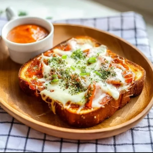 Deliciously prepared Japanese pizza toast topped with savory ingredients.