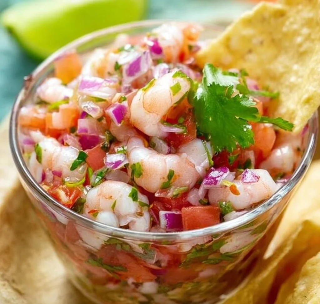 Fresh shrimp ceviche with lime, cilantro, and vegetables served in a bowl