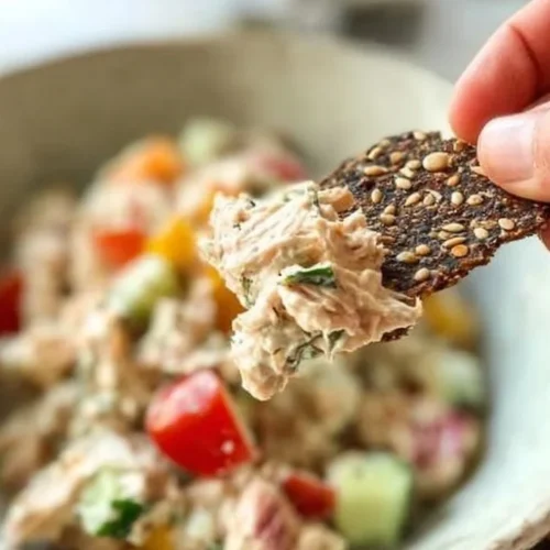 Fresh Simple Mediterranean Tuna Salad with vegetables and tuna on a plate