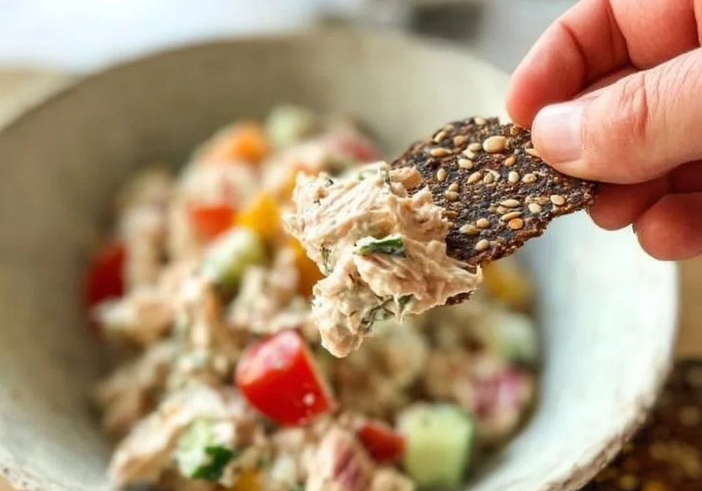 Fresh Simple Mediterranean Tuna Salad with vegetables and tuna on a plate