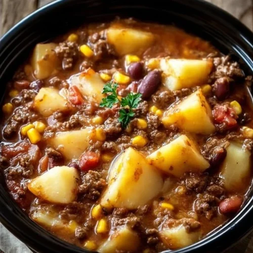 Delicious Slow Cooker Cowboy Casserole served in a rustic bowl