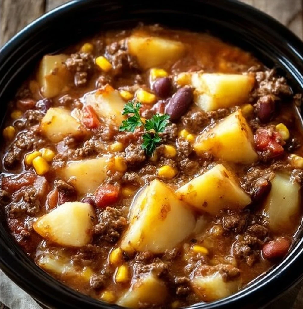 Delicious Slow Cooker Cowboy Casserole served in a rustic bowl
