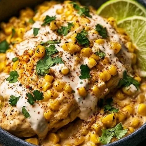 Slow cooker street corn chicken served with creamy sauce and toppings