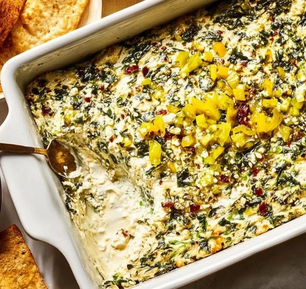 Delicious Spinach and Pepperoncini Baked Feta Dip served with fresh crackers