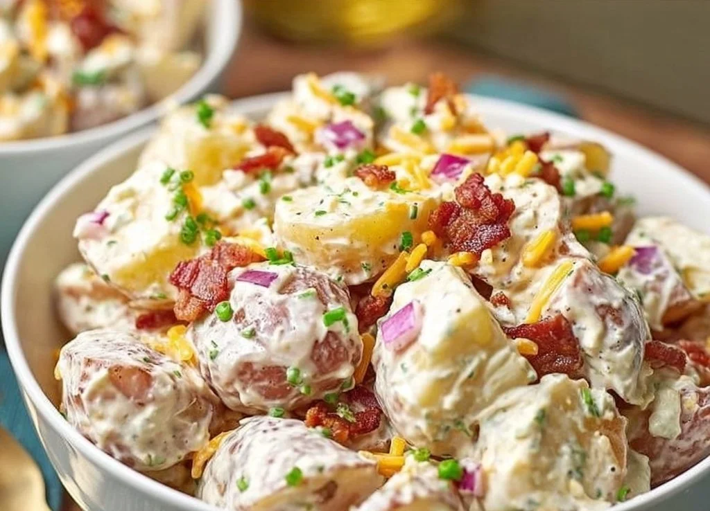 Creamy steakhouse potato salad served in a bowl with fresh ingredients.