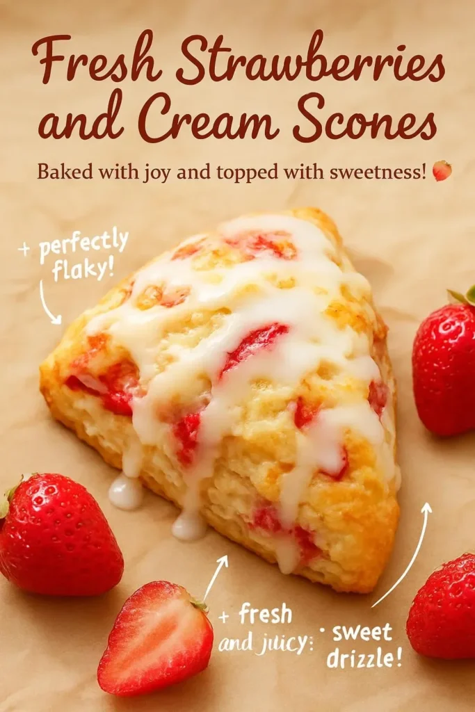 Delicious strawberries and cream scones on a rustic wooden table