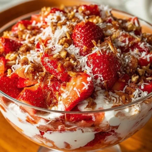 Delicious Strawberry Crackle Salad with vibrant strawberries and crunchy textures.
