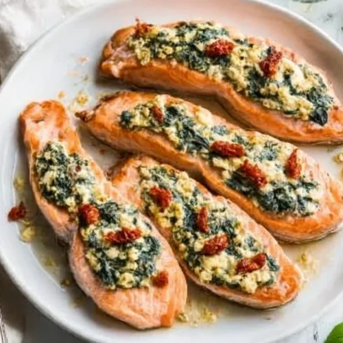 Stuffed salmon fillet with spinach and feta cheese ready to serve.