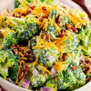 Delicious and colorful broccoli salad served in a bowl