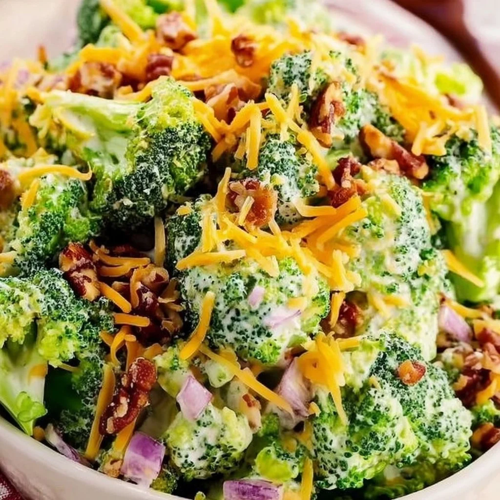 Delicious and colorful broccoli salad served in a bowl