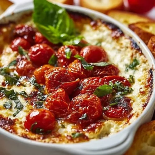 Three-Cheese Tomato Bruschetta Dip served in a bowl with toasted bread