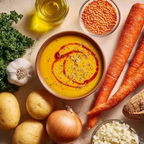 Bowl of Turkish Red Lentil Soup garnished with fresh herbs.