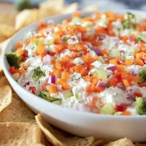 Bowl of creamy Vegetarian Pizza Dip with fresh vegetables and cheese