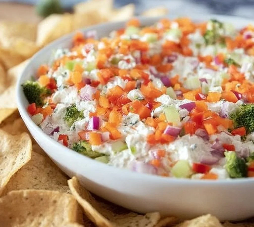 Bowl of creamy Vegetarian Pizza Dip with fresh vegetables and cheese