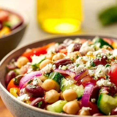 Vibrant Mediterranean Bean Salad topped with Feta cheese and fresh vegetables