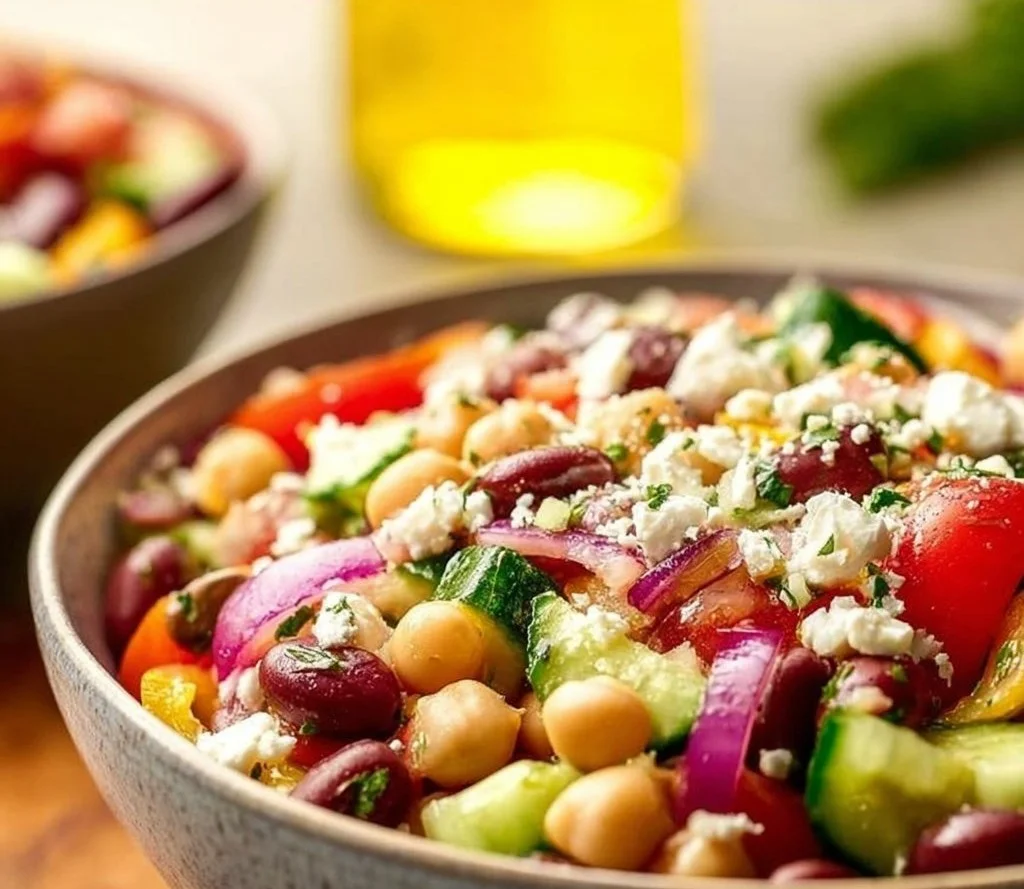 Vibrant Mediterranean Bean Salad topped with Feta cheese and fresh vegetables