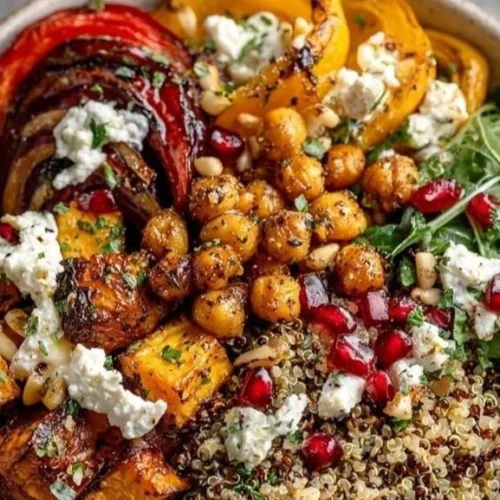 Warm Winter Mediterranean Quinoa Bowl with colorful vegetables and quinoa