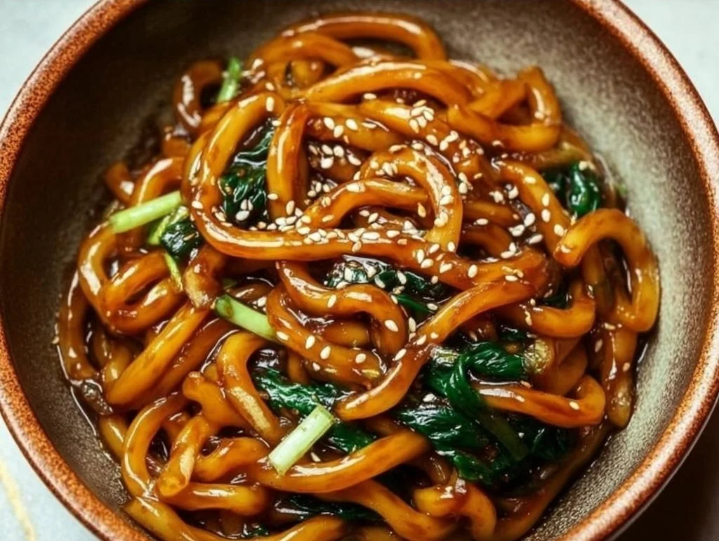 A colorful bowl of homemade Yaki Udon noodles with vegetables and sauce.