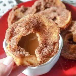 Crispy air fryer cinnamon apple rings with sweet coating served on a plate