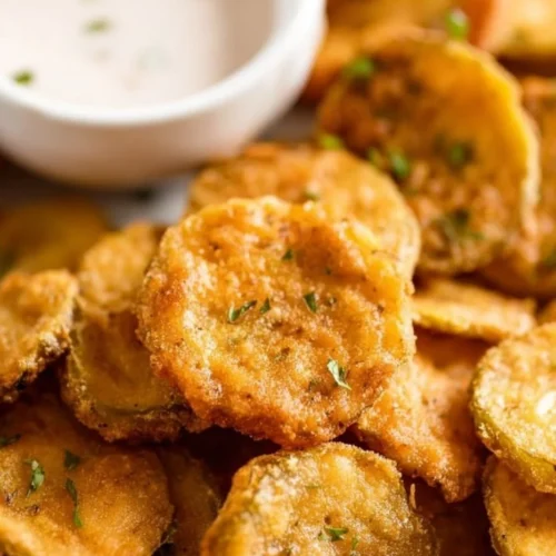 Crispy air fryer fried pickles served with dipping sauce on a plate