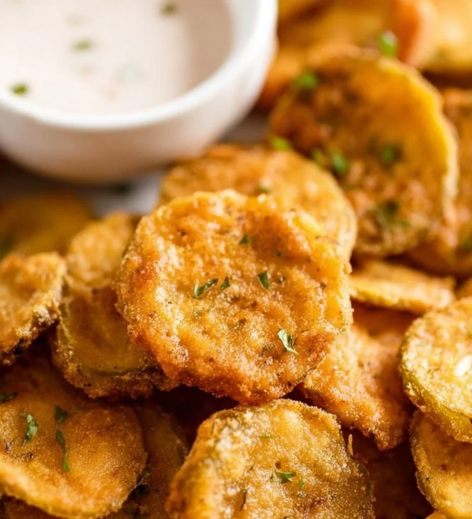 Crispy air fryer fried pickles served with dipping sauce on a plate