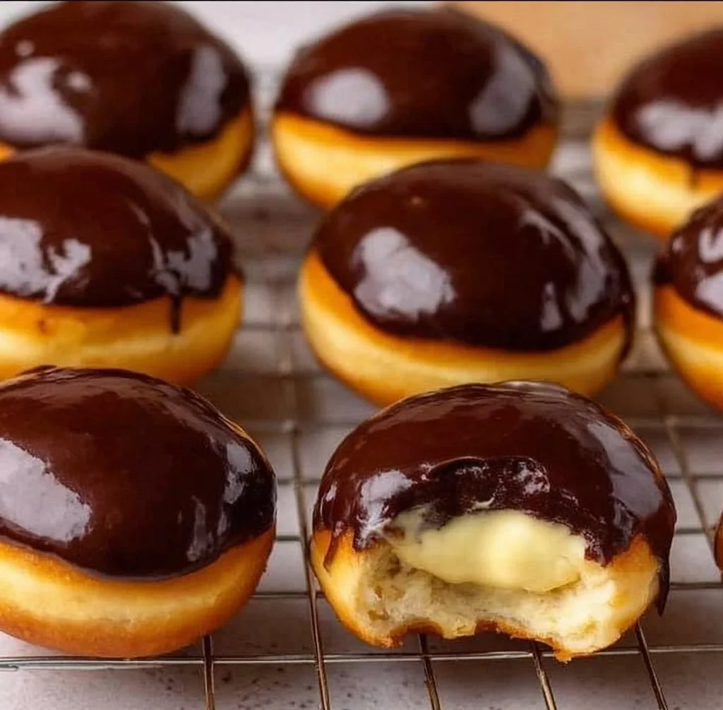 Air Fryer Gluten-Free Boston Cream Donuts topped with chocolate glaze