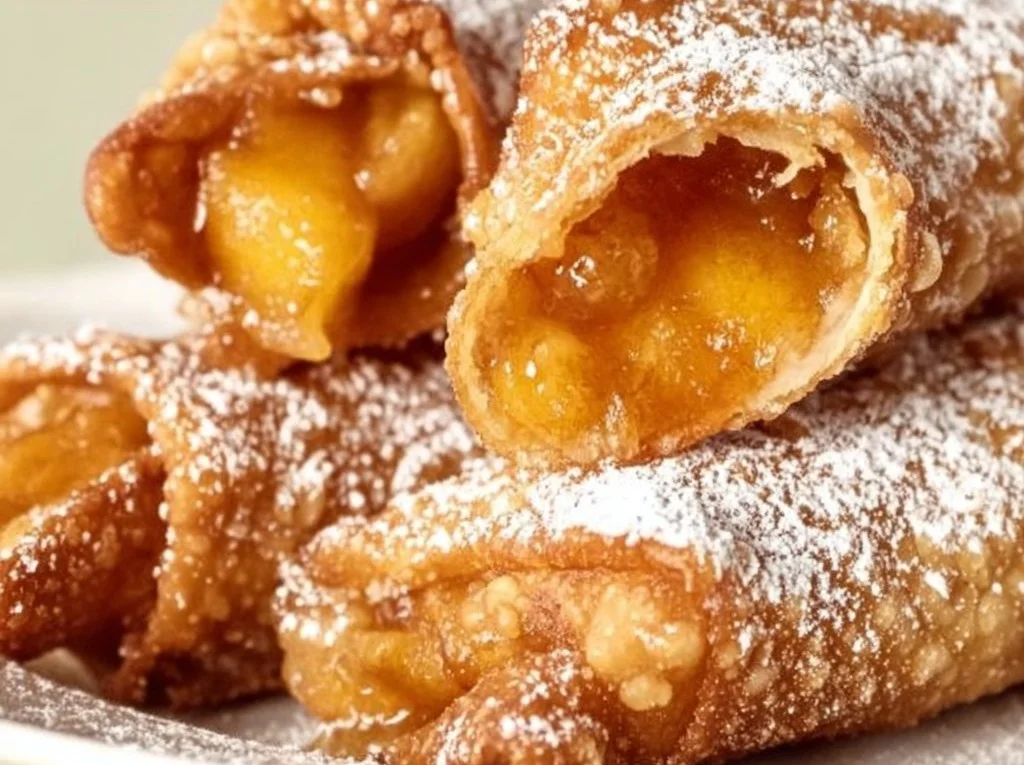 Air Fryer Peach Cobbler Egg Rolls with golden crust and peach filling