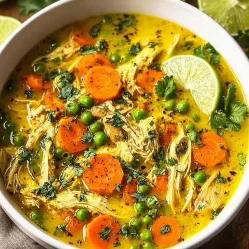 Bowl of homemade anti-inflammatory turmeric chicken soup with fresh herbs