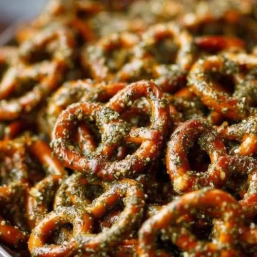 Baked dill pickle pretzels arranged on a serving platter.