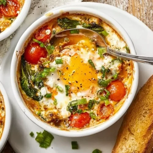 Baked feta eggs with tomatoes and spinach served in a dish