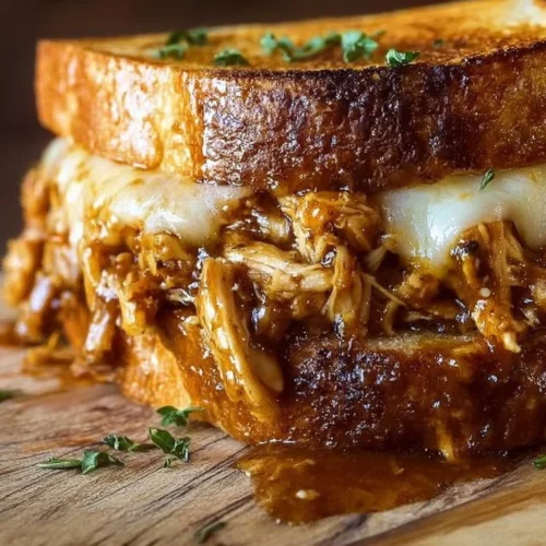 Delicious BBQ Chicken Grilled Cheese Sandwich with melted cheese and BBQ sauce