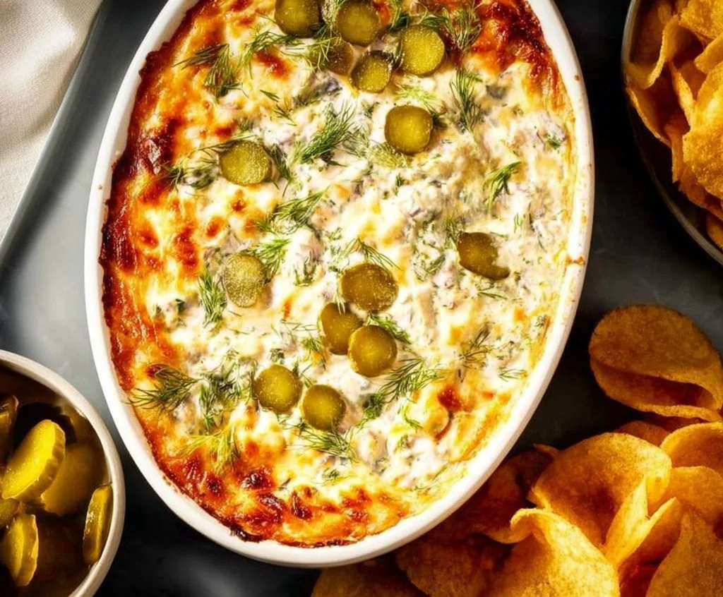 Delicious baked ranch pickle dip served in a bowl with crackers