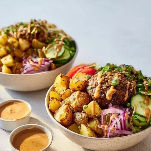 Delicious burger bowls topped with crispy potatoes for a flavorful meal